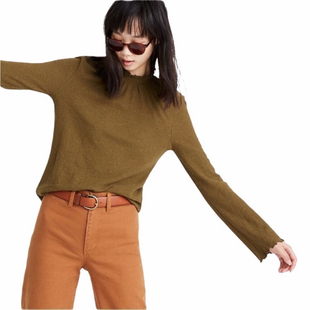 MADEWELL TEXTURE & THREAD | Dark Green Mockneck Lettuce Trim Top Women’s Size S